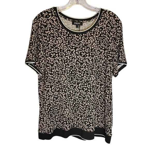 DKNY Women Large Leopard Print Short Sleeve Top Contrasting Trim Black & Beige - Picture 1 of 8